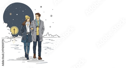 Couple walking together on snowy night in romantic illustration