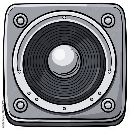 Illustration of a Square Audio Speaker with Circular Baffle and Metallic Accents