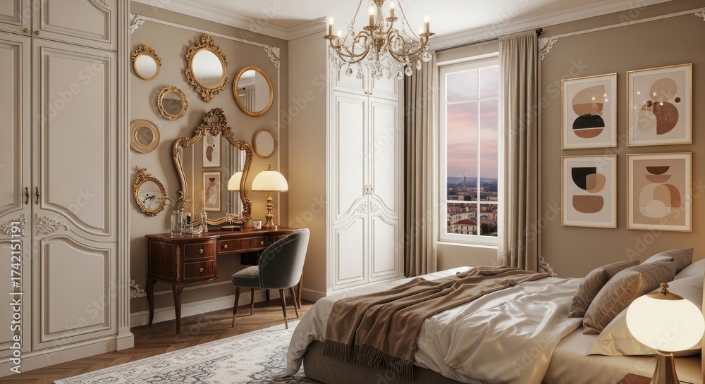 Fototapeta premium Luxurious Neoclassical Bedroom Interior Design with Ornate Gold Mirrors, Modern Abstract Wall Art, Custom Wardrobe, Crystal Chandelier, and Scenic City View at Sunset