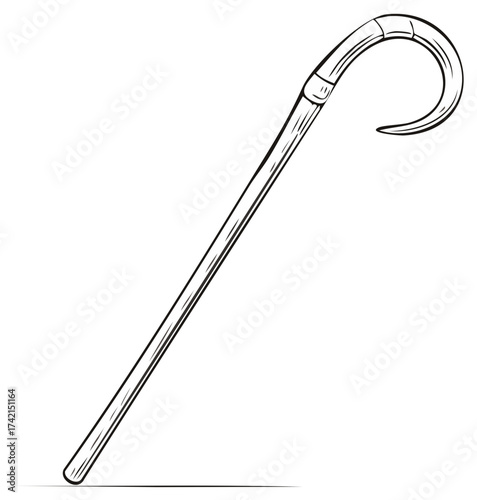 Line Art Illustration of a Traditional Curved Walking Stick or Shepherd's Crook
