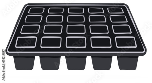 Empty black plastic seedling starter tray with multiple cells for gardening and plant propagation