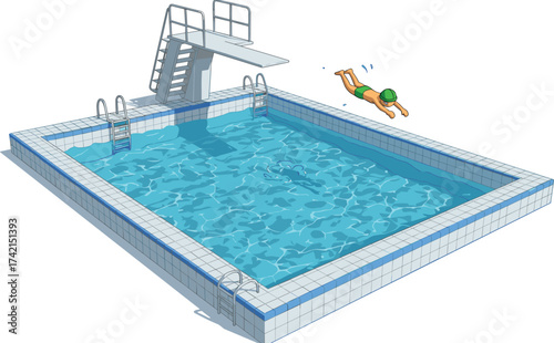 Rectangular swimming pool illustration, diving platform with ladder, clear blue water, swimmer mid-air, summer activity concept, hand-drawn vector, white background