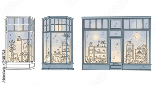 Shop windows in soft pastel illustration with warm interior lighting