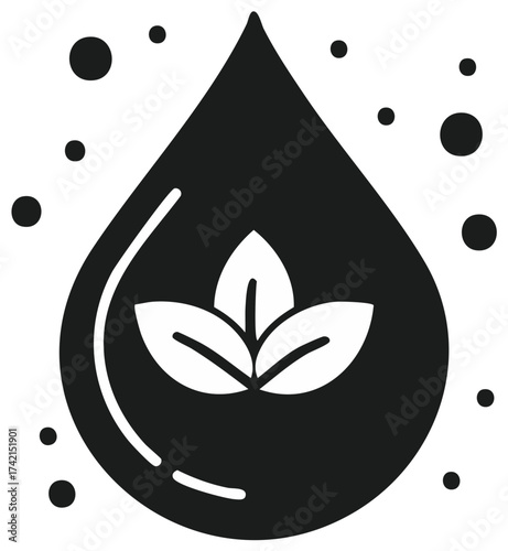 Water drop with leaves and bubbles symbol for natural essence freshness and purity