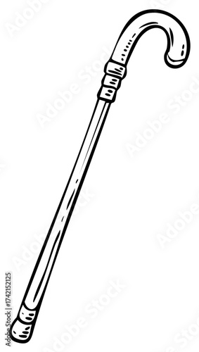 Drawn outline illustration of a classic walking cane in black and white