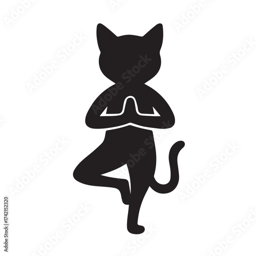 Cat Yoga Vector – Tree Pose black Silhouette on White Background