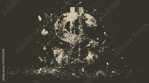 Big US dollar symbol crashing into small pieces on black background