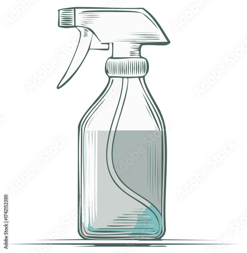Hand drawn illustration of a spray bottle with liquid in a vintage sketch style
