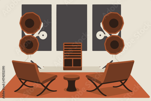 Audiophile horn loudspeakers with subwoofer, stereo pair in a room