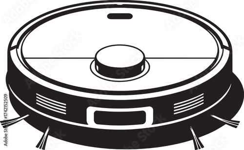 Black and white illustration of a round robotic vacuum cleaner with side brushes robot vacuum cleaning