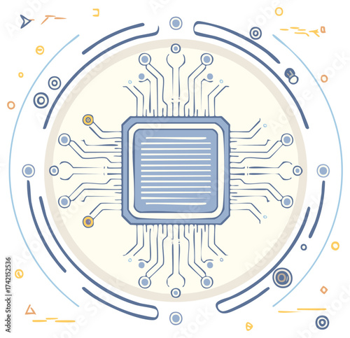 Stylized hand drawn illustration of a CPU microchip processor with circuit connections