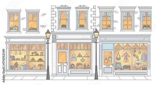 Boutique storefronts illustrated in pastel colors with warm lighting