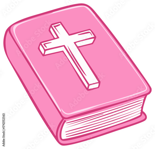 Pink book with white cross icon. Bible, christian symbol, religious text illustration for design and decoration.