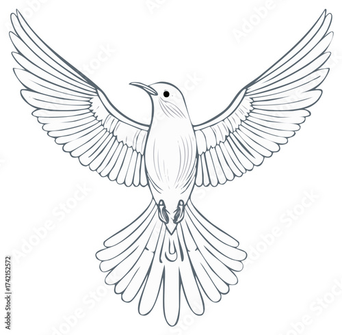 Line art illustration of a dove with spread wings in flight, symbol of peace.