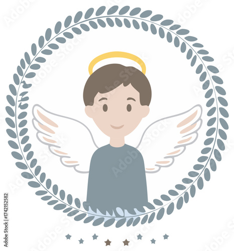Cute cartoon boy angel with halo and wings inside a decorative leaf wreath vector illustration