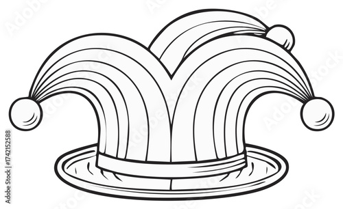 Jester hat drawing with bells, black and white illustration for coloring page, humor and fun elements
