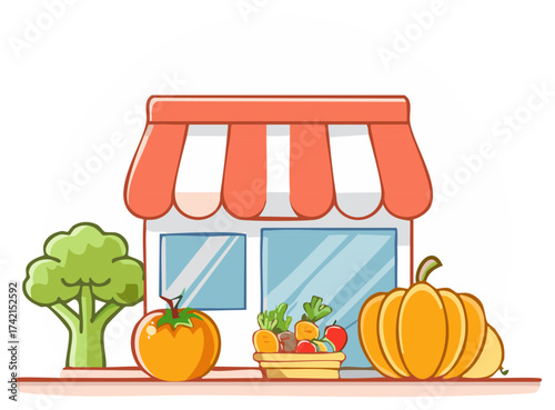 Cartoon illustration of a local greengrocer shop with fresh vegetables and produce