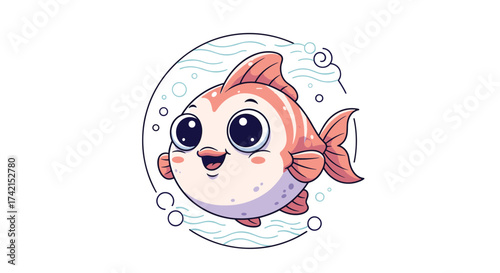 An adorable cartoon fish with big eyes swimming joyfully surrounded by bubbles in the ocean.