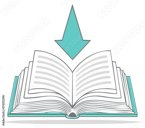 Open book with download arrow symbol illustration for ebook, digital library, and online education concepts