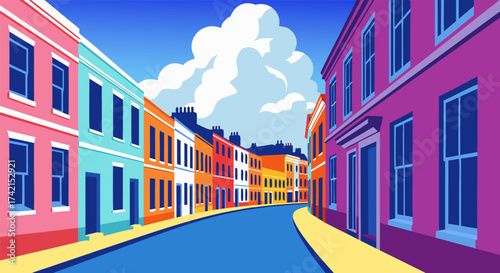 Vibrant illustration of a charming city street lined with colorful houses under a bright, cloudy sky, perfect for urban travel and architectural design themes