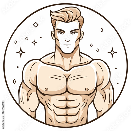 Cartoon illustration of a muscular man portrait, isolated in a circle