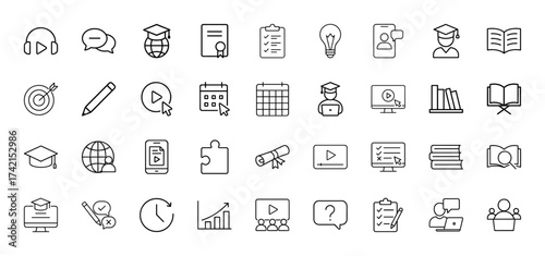 E-learning line icon set. Vector pictograms of headphones, graduation cap, diploma, books, student, laptop, monitor, calendar, and pencil, thin linear illustration.