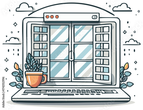 Open Window Displayed on a Laptop with Clouds and Plants for Creative Concept