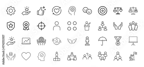Business and success line icon set. Vector pictograms of gear, star, thumbs up, target, scales, team, globe, graph, medal, podium, thin linear illustration.