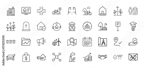 Urban line icon set. Vector pictograms of buildings, house, roads, bicycle, park, sustainability, renewable energy, and protection, thin linear illustration.