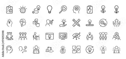 Creative ideas and problem-solving line icon set. Vector pictograms of brain, lightbulb, puzzle, teamwork, computer, target, gears, robotic arm, thin linear illustration.