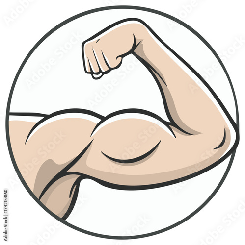 Strong arm biceps flexing inside a circle, fitness and health illustration