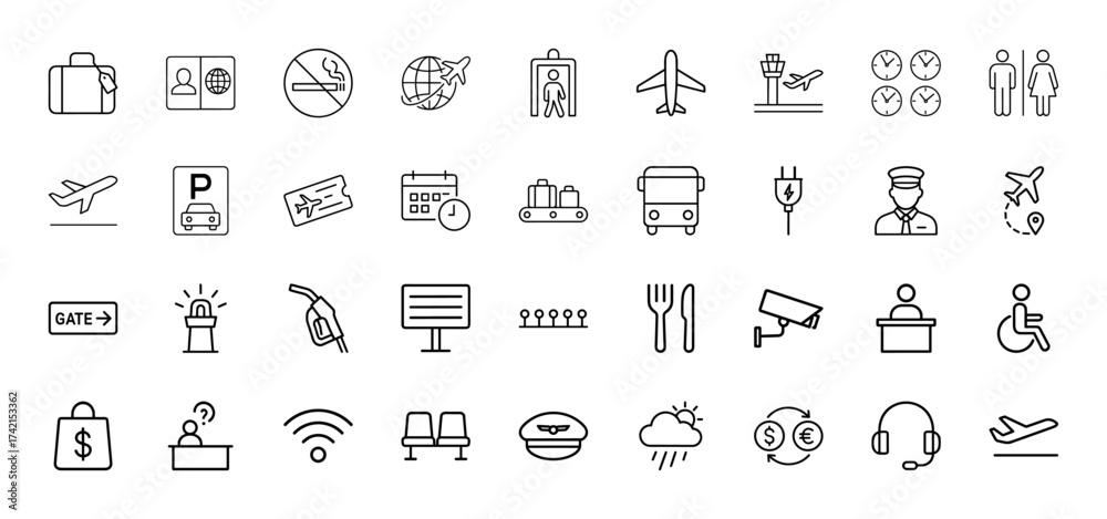Fototapeta premium Airport travel line icon set. Vector pictograms of suitcase, passport, airplane, control tower, baggage, bus, pilot, gate, ticket, security, restrooms, thin linear illustration.
