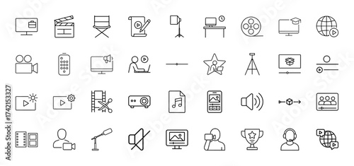 Media and video production line icon set. Vector pictograms of clapperboard, camera, film reel, microphone, director chair, projector, monitor, editing, playback, thin linear illustration.