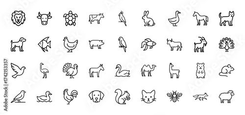 Animal line icon set. Vector pictograms of lion, cow, turtle, rabbit, duck, horse, cat, dog, fish, pig, goat, peacock, camel, bee, sheep, thin linear illustration.