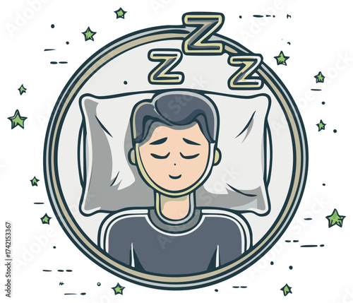 Cartoon character sleeping peacefully on pillow with Zzz symbols and stars