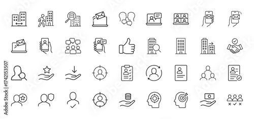 Business and human resources line icon set. Vector pictograms of buildings, people, communication, hands, money, and targets, thin linear illustration.