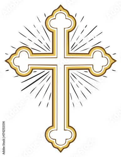 Elegant golden cross with intricate design emanating radiant light symbol of Christian faith