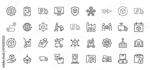 Logistics and delivery line icon set. Vector pictograms of trucks, packages, globe, warehouse, scanner, forklift, route maps, thin linear illustration.
