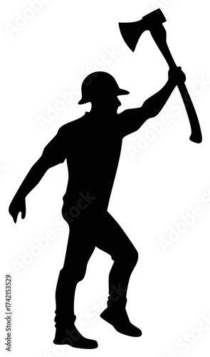 Silhouette of Axeman Lifting Axe High in Readiness to Chop Wood for Lumber