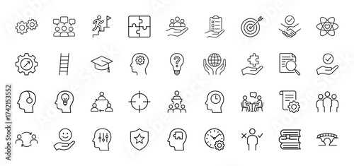 Business strategy and education line icon set. Vector pictograms of gears, people, puzzle, target, documents, lightbulb, handshake, and books, thin linear illustration.