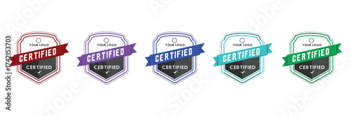 Set of five certified badge design in red, purple, blue, cyan, and green. Vector badges with ribbon and checkmark ideal for certifications, awards, trust, quality. approval or branding.