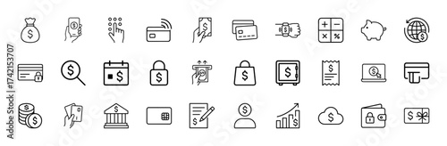 Finance and banking line icon set. Vector pictograms of money bag, mobile payments, credit cards, cash, ATM, safe, wallet, and bank, thin linear illustration.