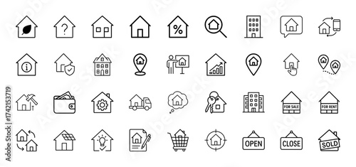 Real estate line icon set. Vector pictograms of house, building, apartment, wallet, keys, map pin, for sale sign, and shopping cart, thin linear illustration.