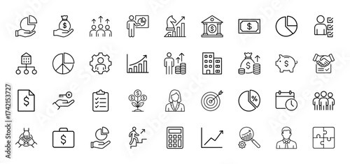 Business and finance line icon set. Vector pictograms of money bag, charts, teamwork, banking, analysis, growth, calendar, target, and calculator, thin linear illustration.