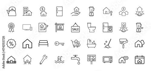 Real estate and home line icon set. Vector pictograms of houses, property for sale signs, keys, household appliances, and renovation tools, thin linear illustration.
