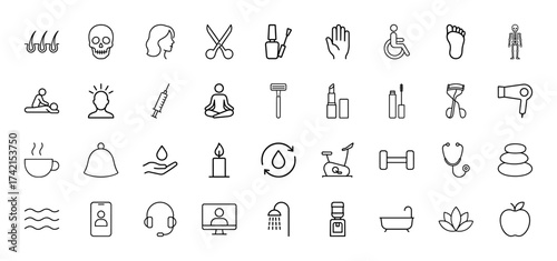 Health and beauty line icon set. Vector pictograms of hair, skull, scissors, massage, meditation, dumbbell, stethoscope, bathtub, lotus, thin linear illustration.