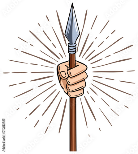 Warrior hand holding a spear in a powerful fist with radiating lines