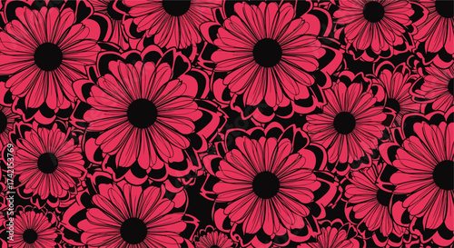 A vibrant abstract pattern featuring bold red flowers with black centers and intricate petal details against a dark background.