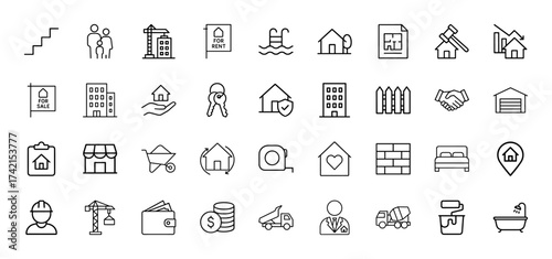 Real estate, property, and construction line icon set. Vector pictograms of houses, apartments, keys, signs, tools, builder, agent, and home items, thin linear illustration.