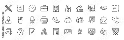 Business office line icon set. Vector pictograms of pencils, clock, briefcase, building, laptop, presentation, printer, team, certificate, plant, email, trashcan, thin linear illustration.